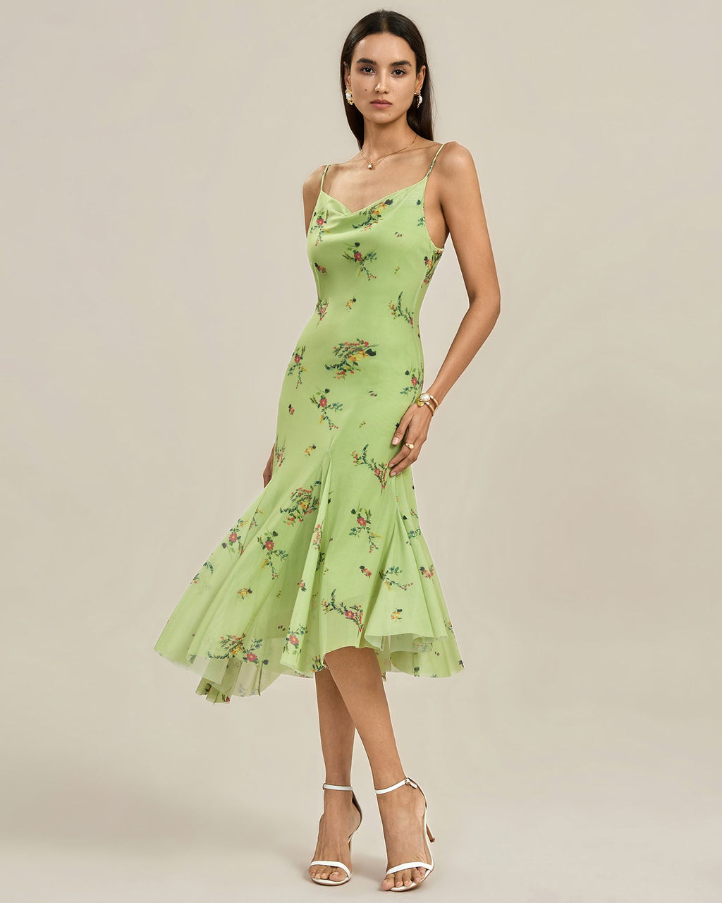 Green Textured Floral Slip Midi Dress