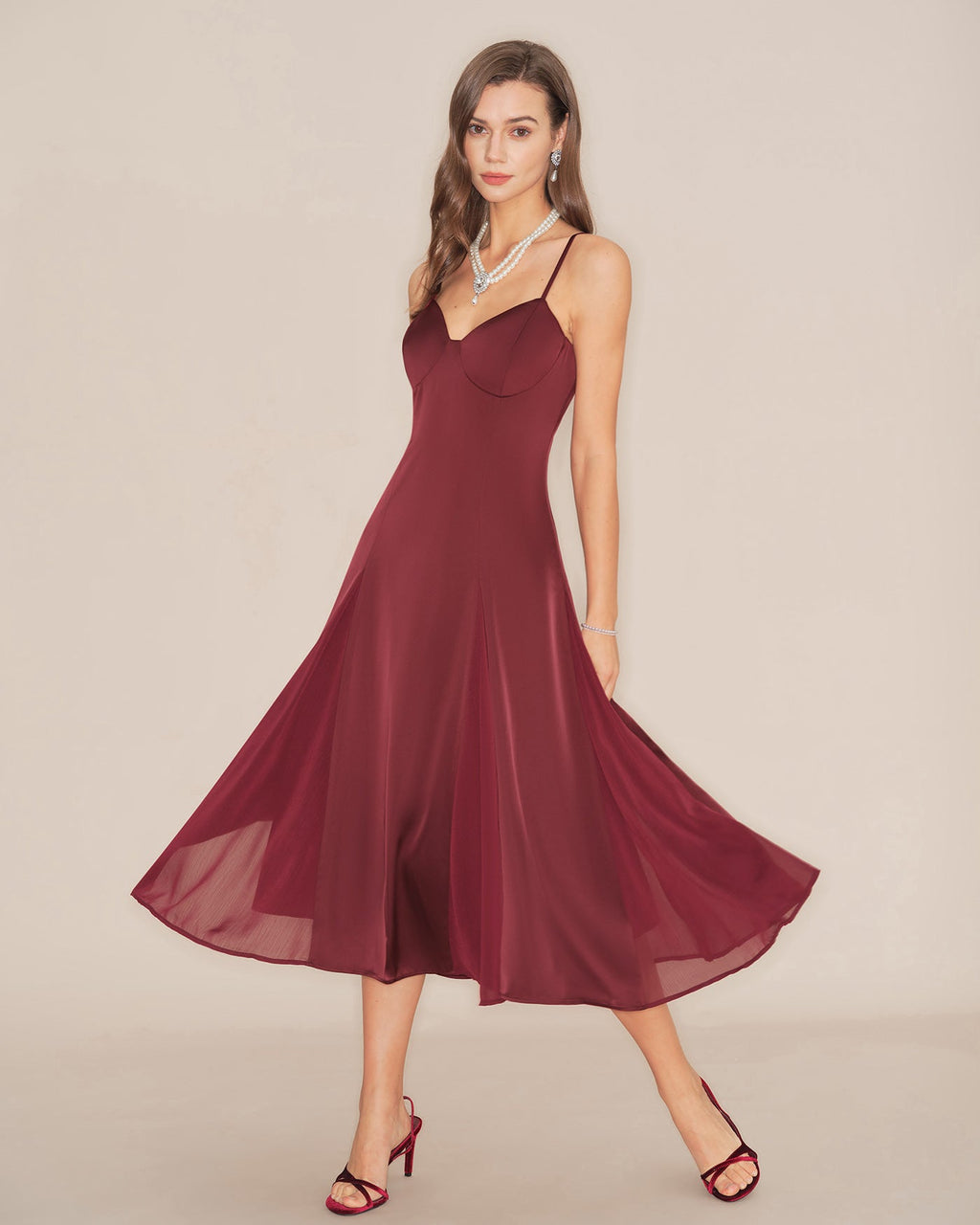 Wine Red Slip A-Line Midi Dress