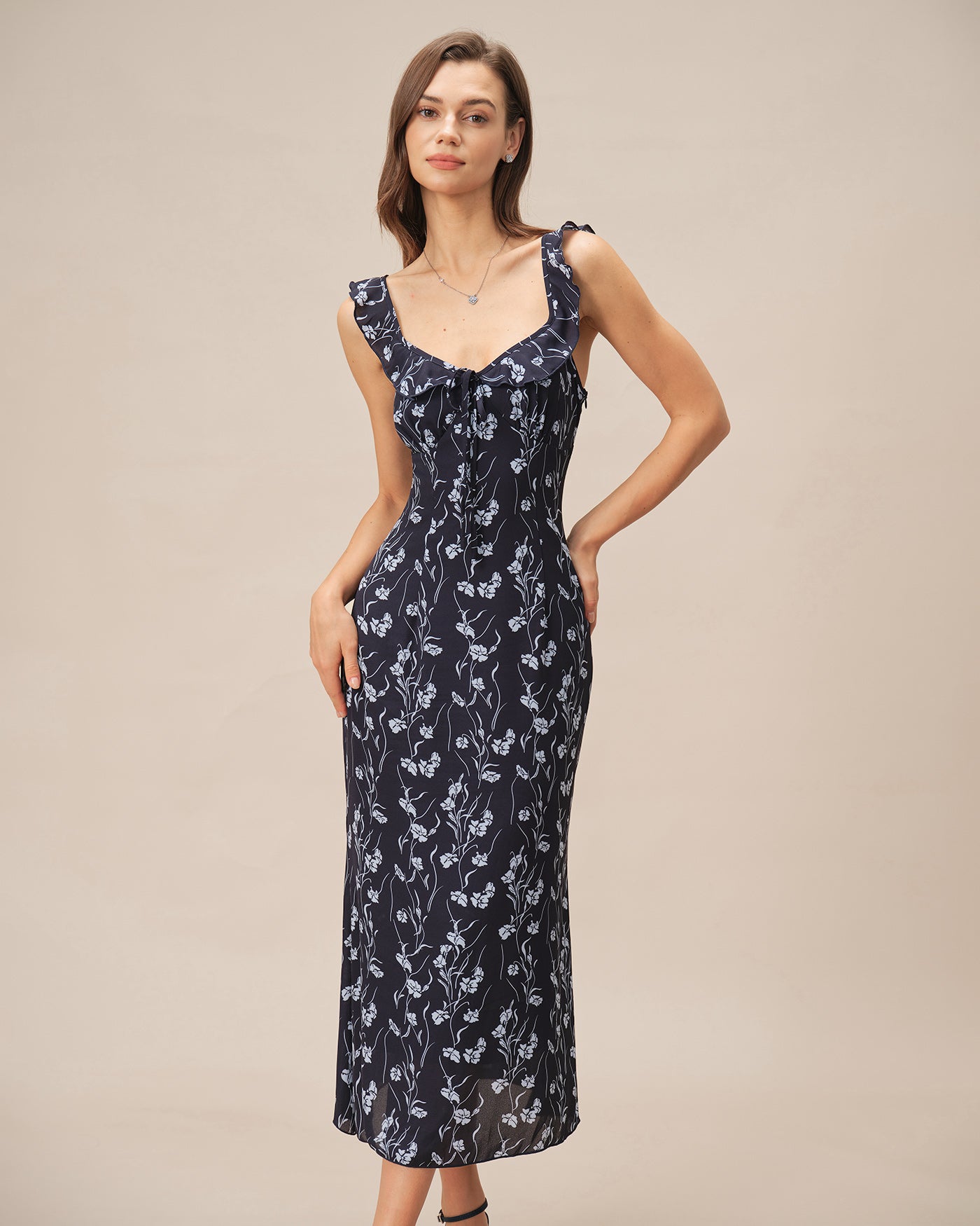 Blue Floral Slip A-Line Midi Dress