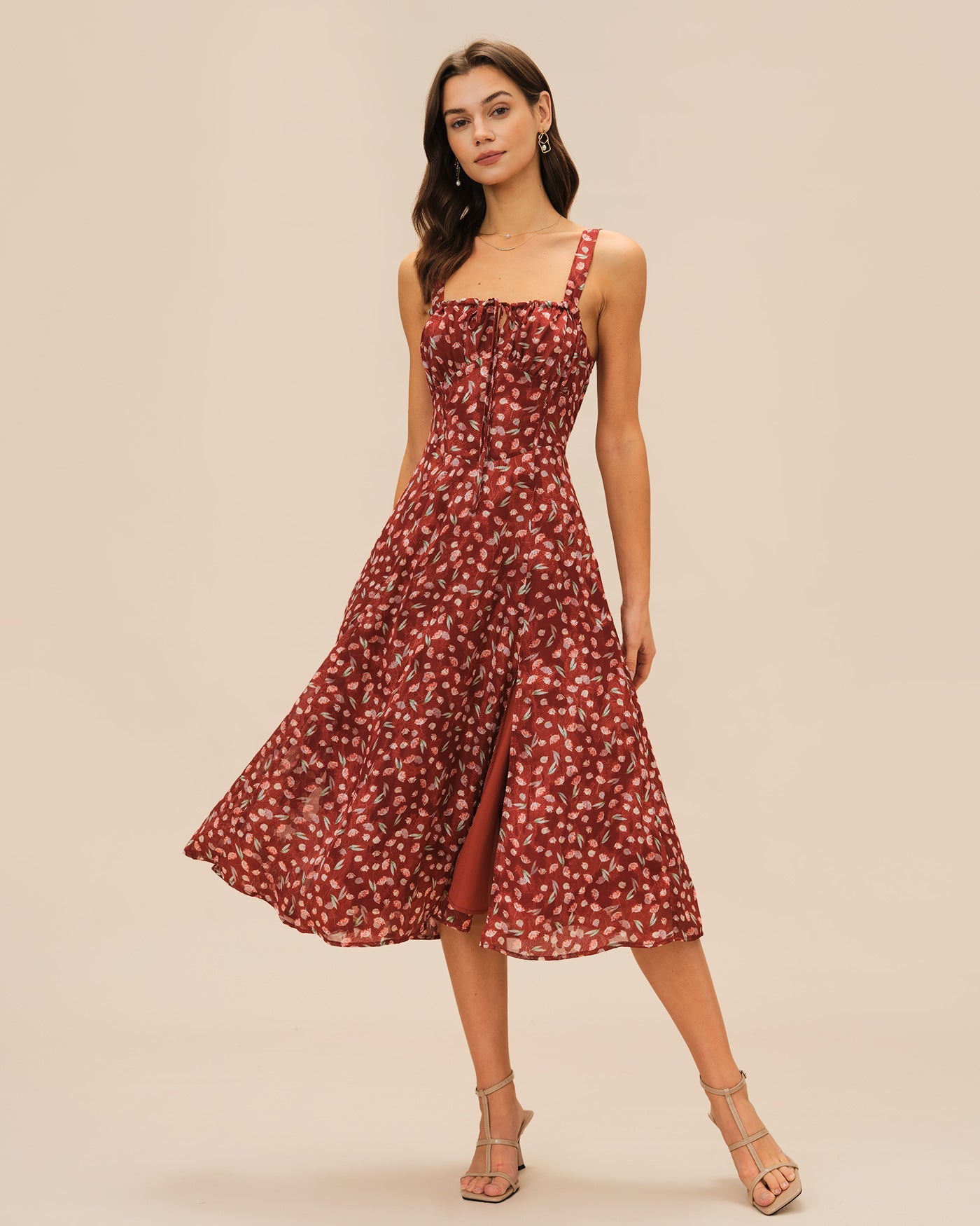 Vestido lencero midi floral rojo vino