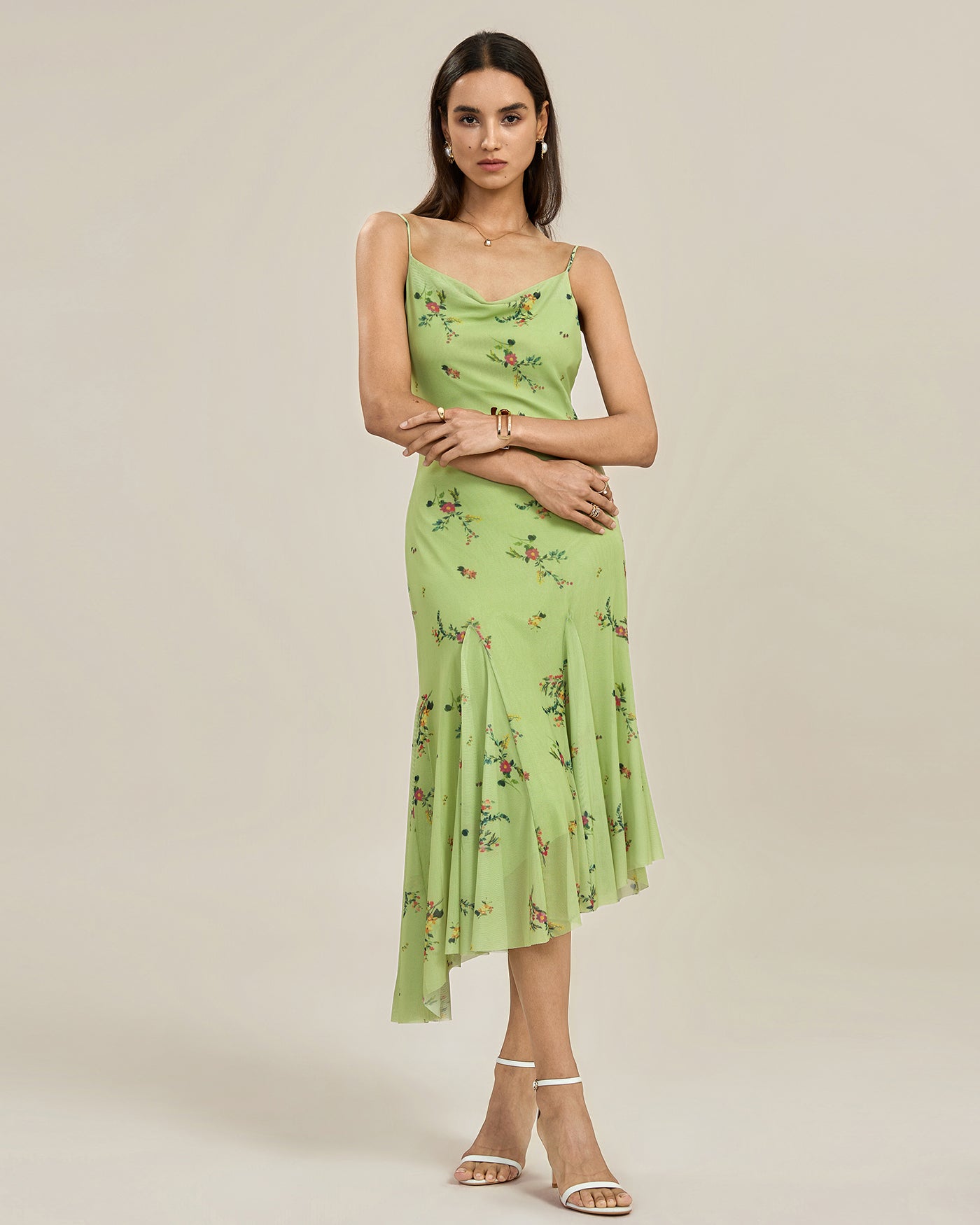 Green Textured Floral Slip Midi Dress