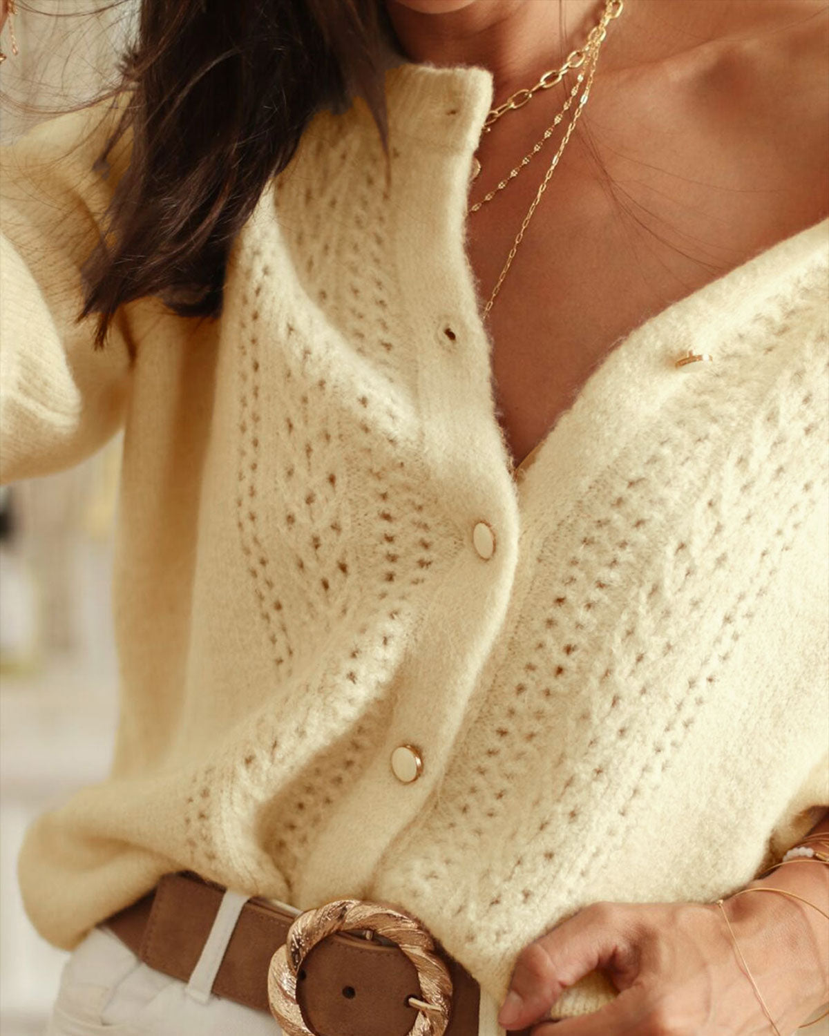 Cárdigan de punto amarillo con cuello redondo y diseño Hip