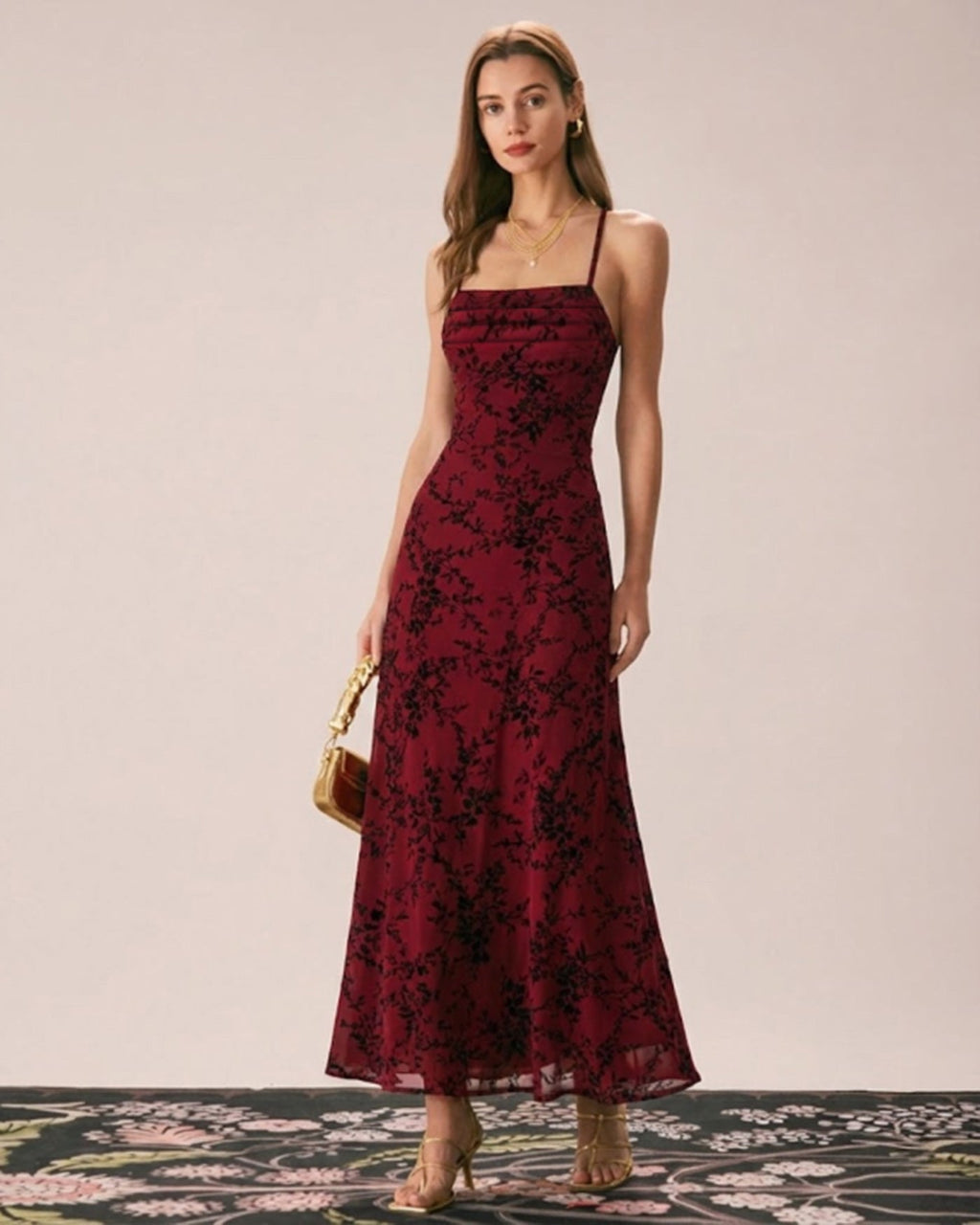 Vestido maxi lencero floral rojo vino