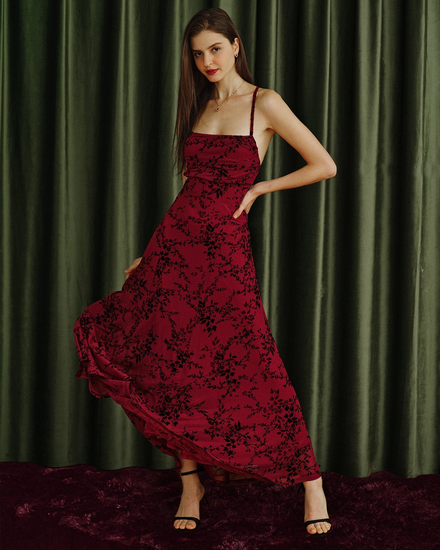 Wine Red Floral Slip Maxi Dress