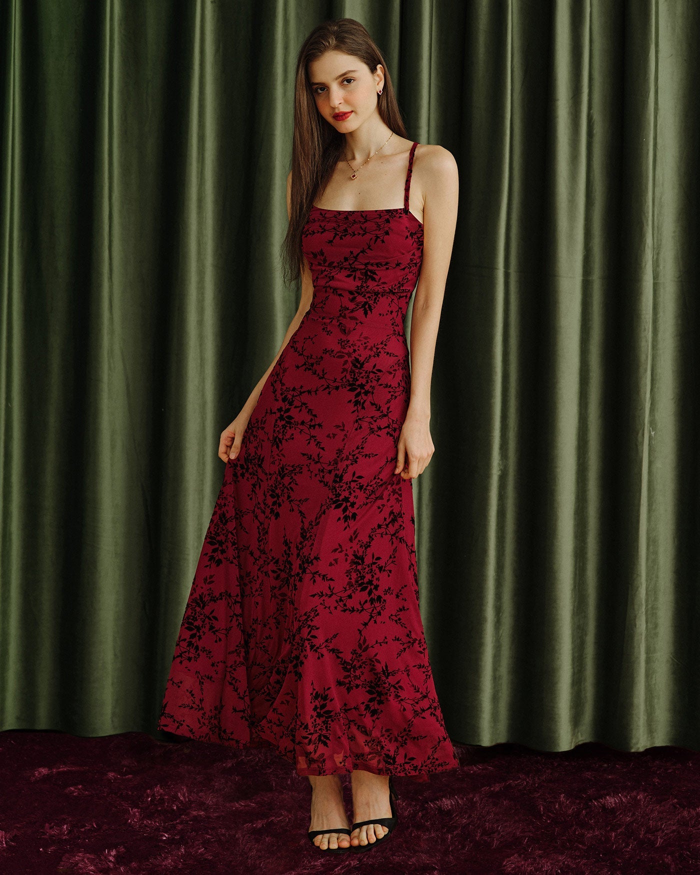 Wine Red Floral Slip Maxi Dress