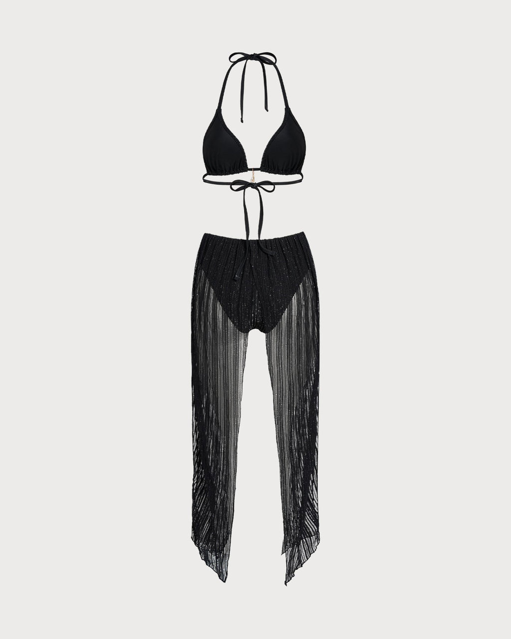 Conjunto de bikini triángulo con cuello halter y cordón, color negro