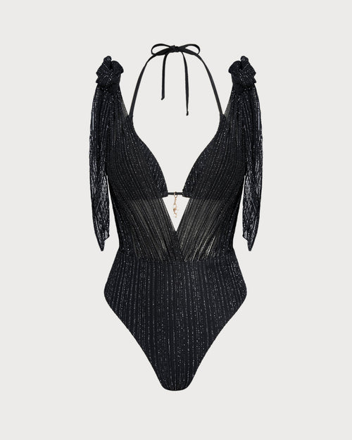 Conjunto de bikini triángulo con cuello halter y cordón, color negro