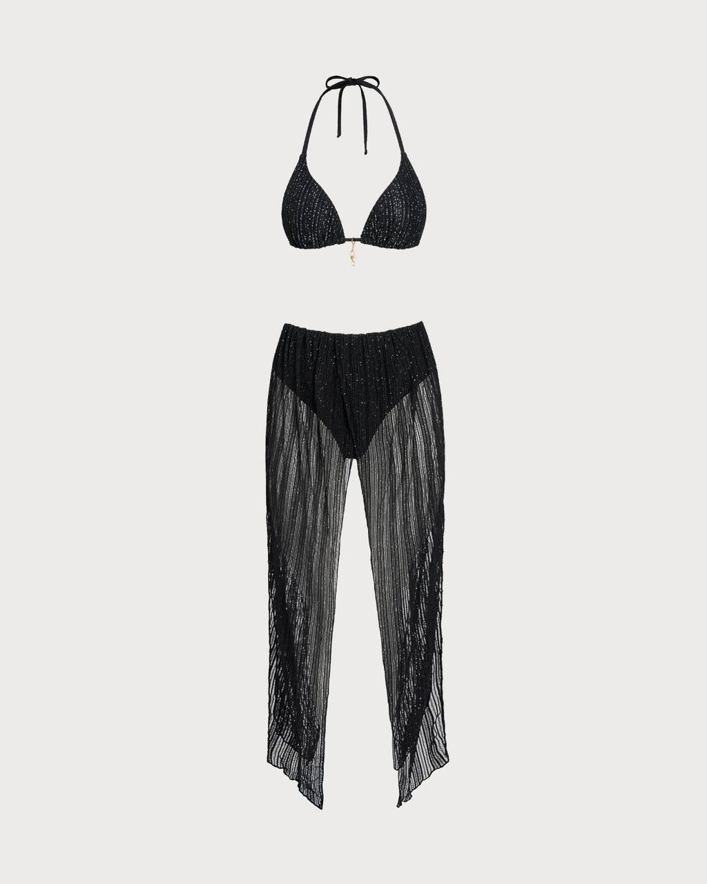 Conjunto de bikini triángulo con cuello halter y cordón, color negro