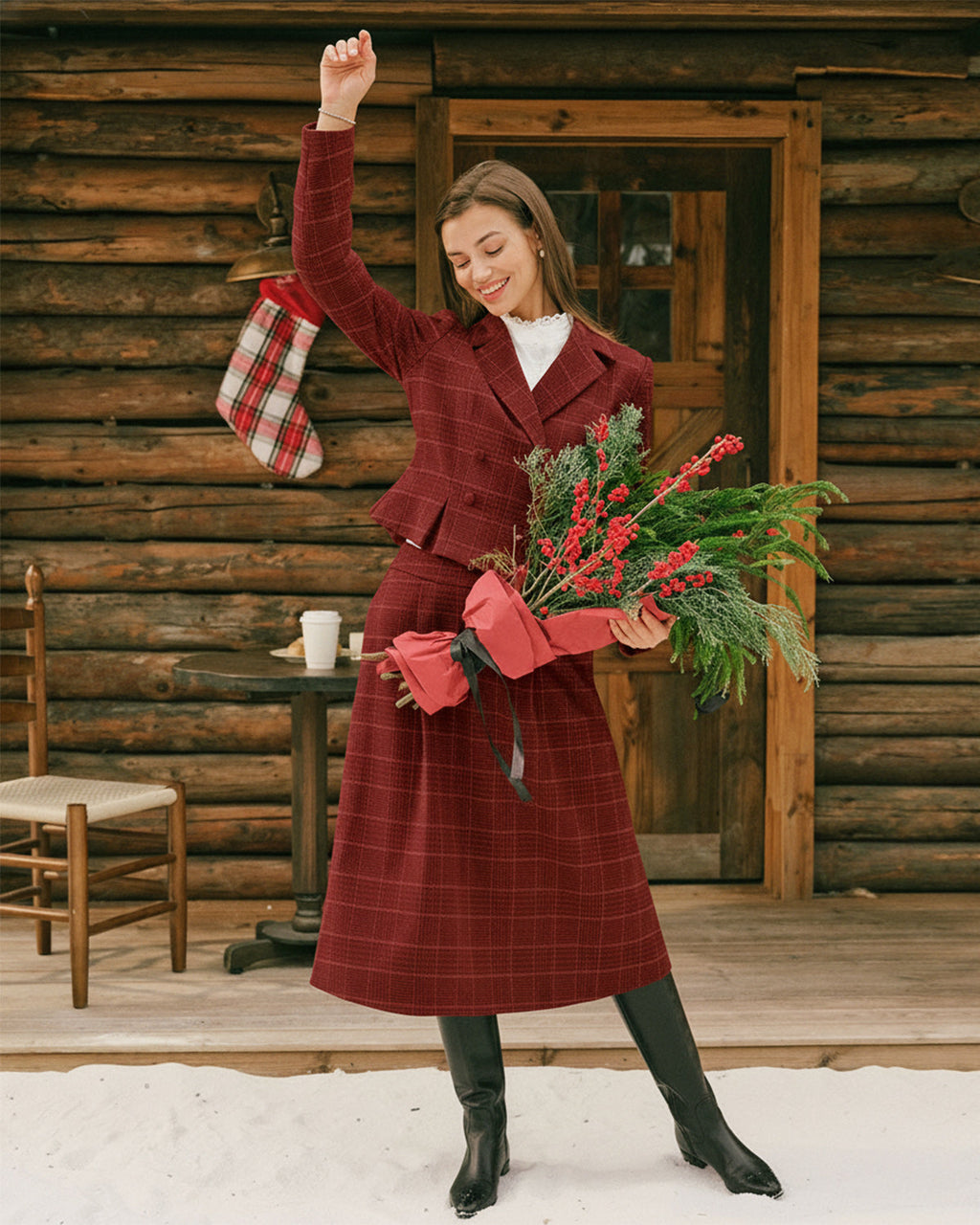 Falda midi evasé de cuadros rojos