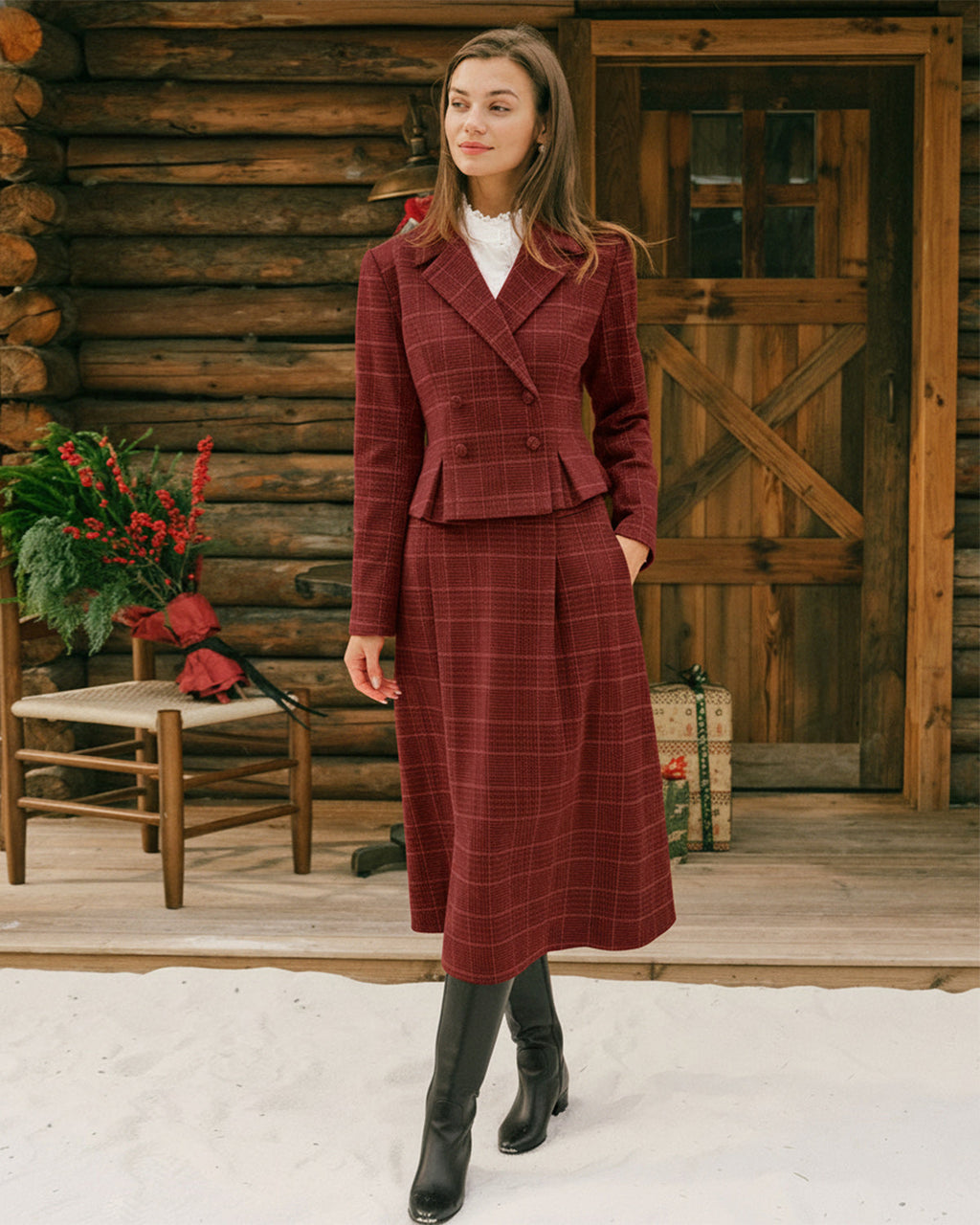 Falda midi evasé de cuadros rojos