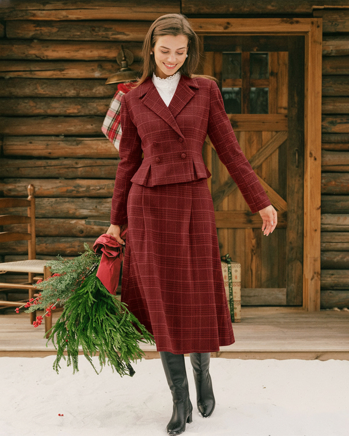 Falda midi evasé de cuadros rojos