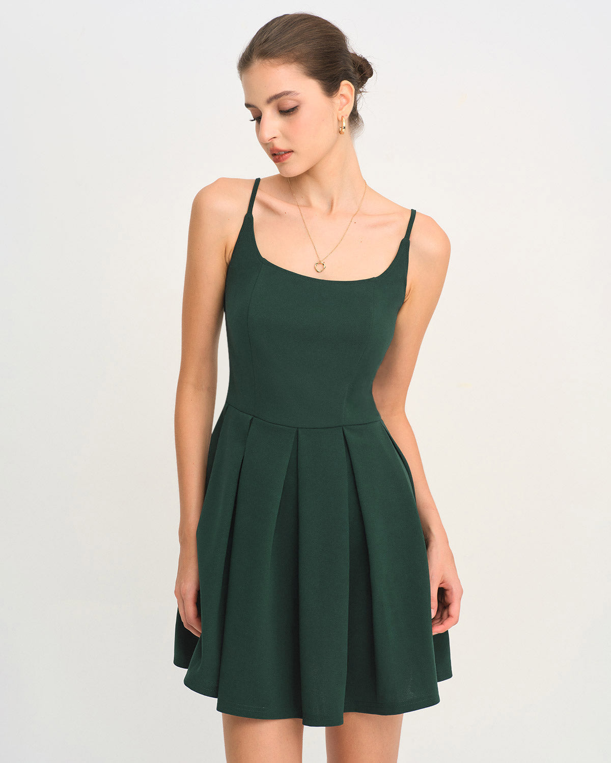 Green A-Line Pleated Slip Mini Dress