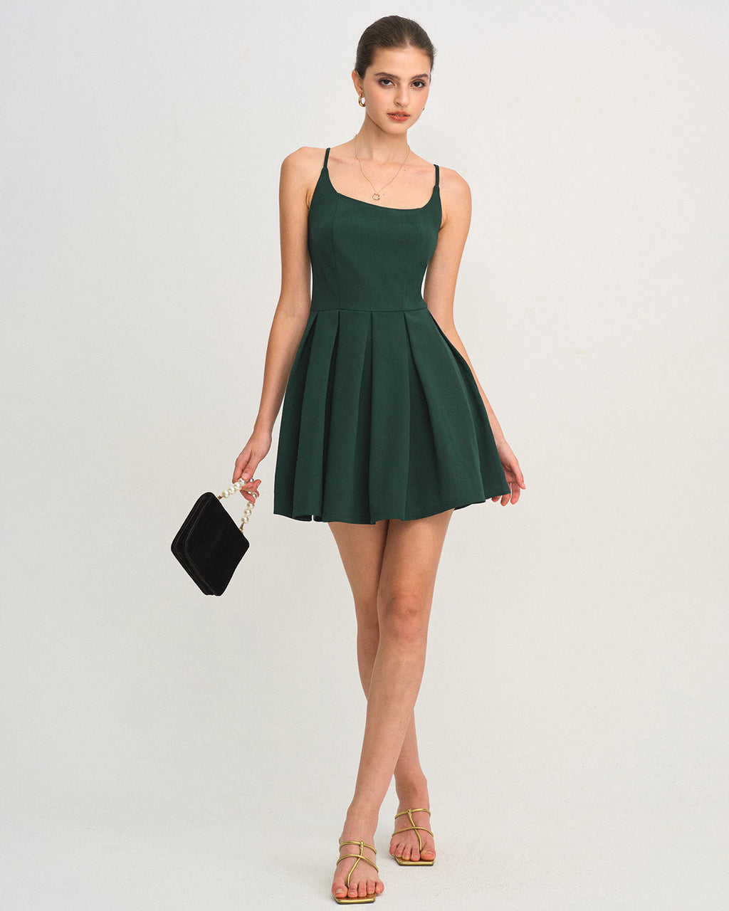 Green A-Line Pleated Slip Mini Dress