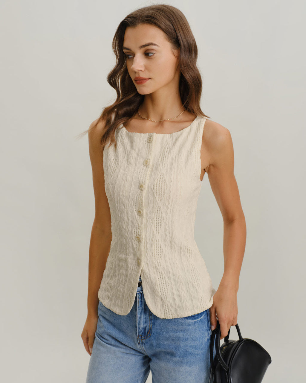 Beige Boat Neck Button Tank Top