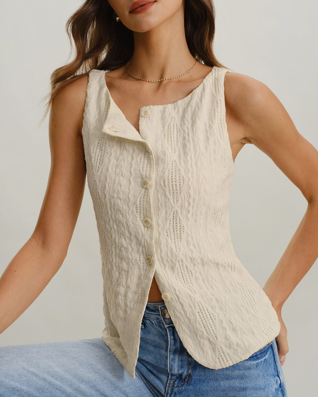 Beige Boat Neck Button Tank Top