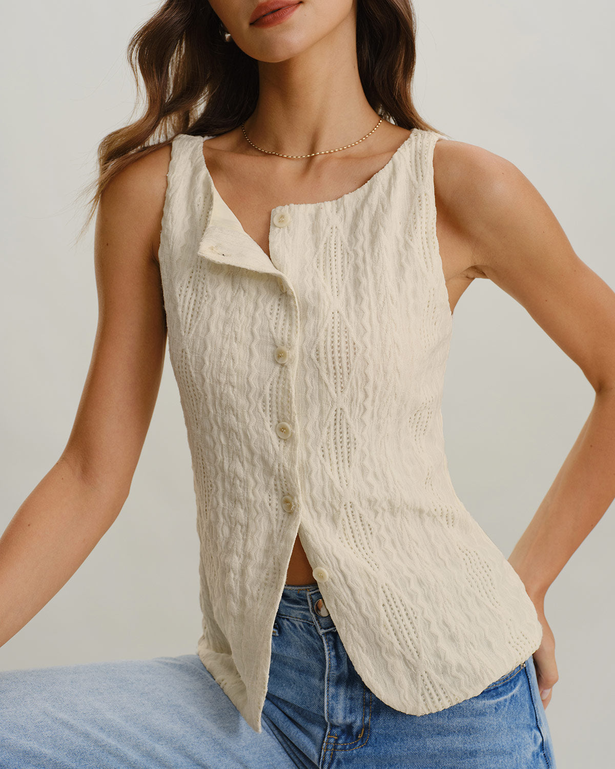 Beige Boat Neck Button Tank Top