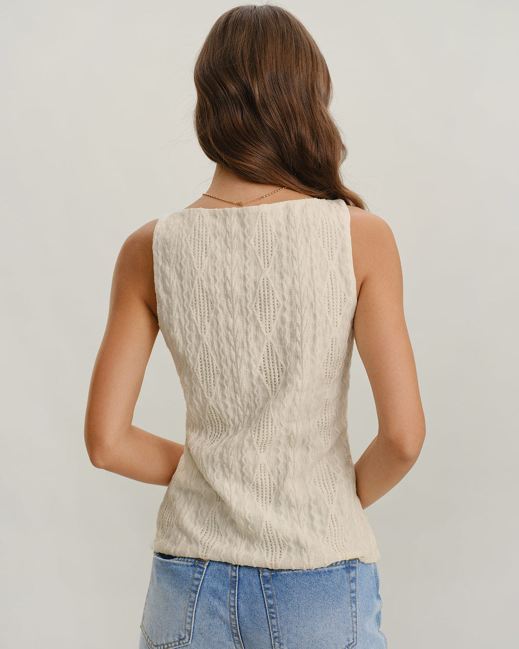 Beige Boat Neck Button Tank Top