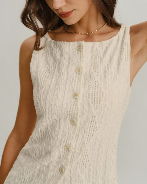 Beige Boat Neck Button Tank Top