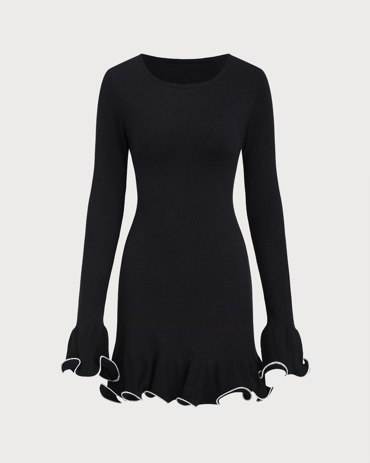 Black Ruffle Ribbed Sweater Mini Dress