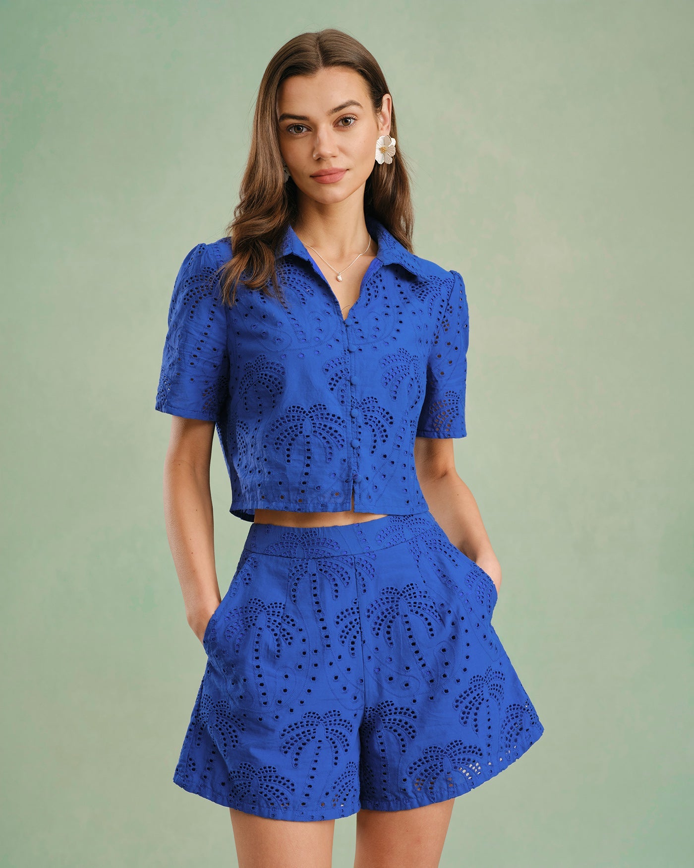 Blue Textured Button Collar Blouse