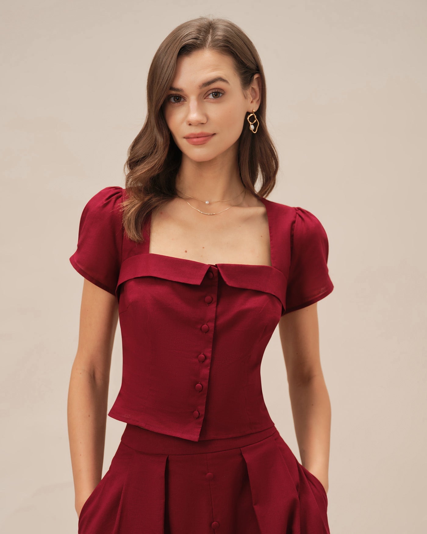 Red Square Neck X Cross Tie Blouse