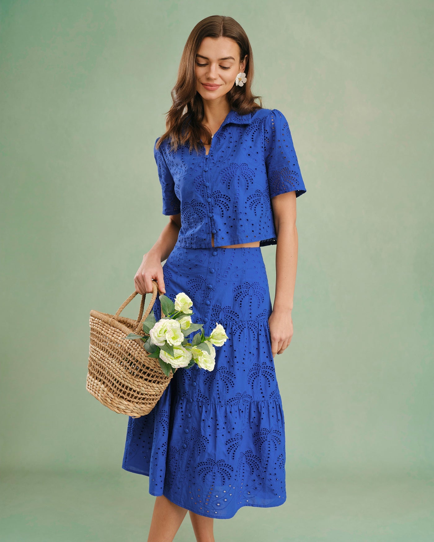 Blue Textured Button Collar Blouse