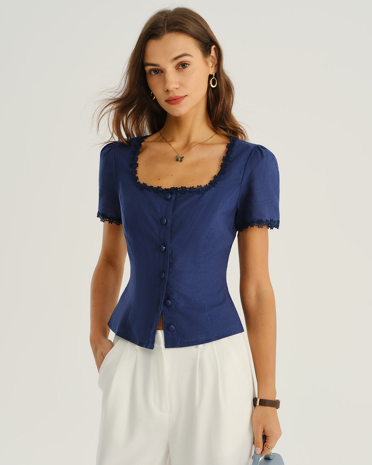 Navy Square Neck Button Blouse