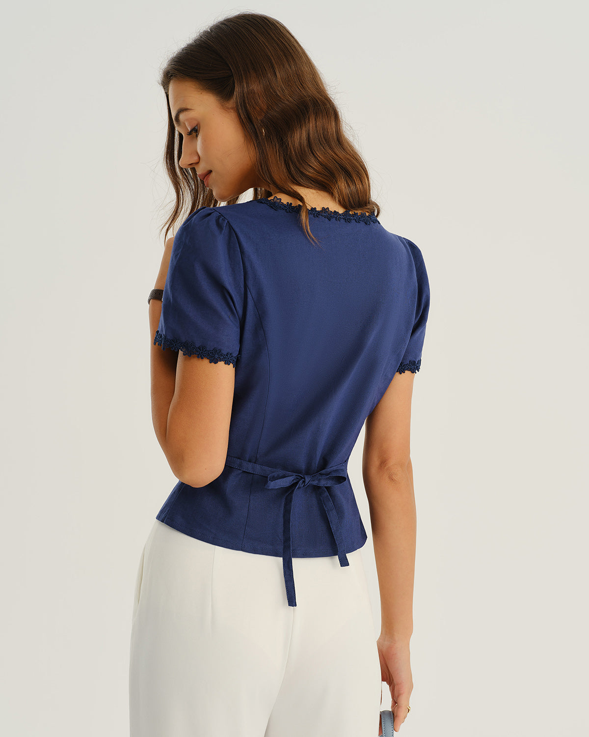 Navy Square Neck Button Blouse