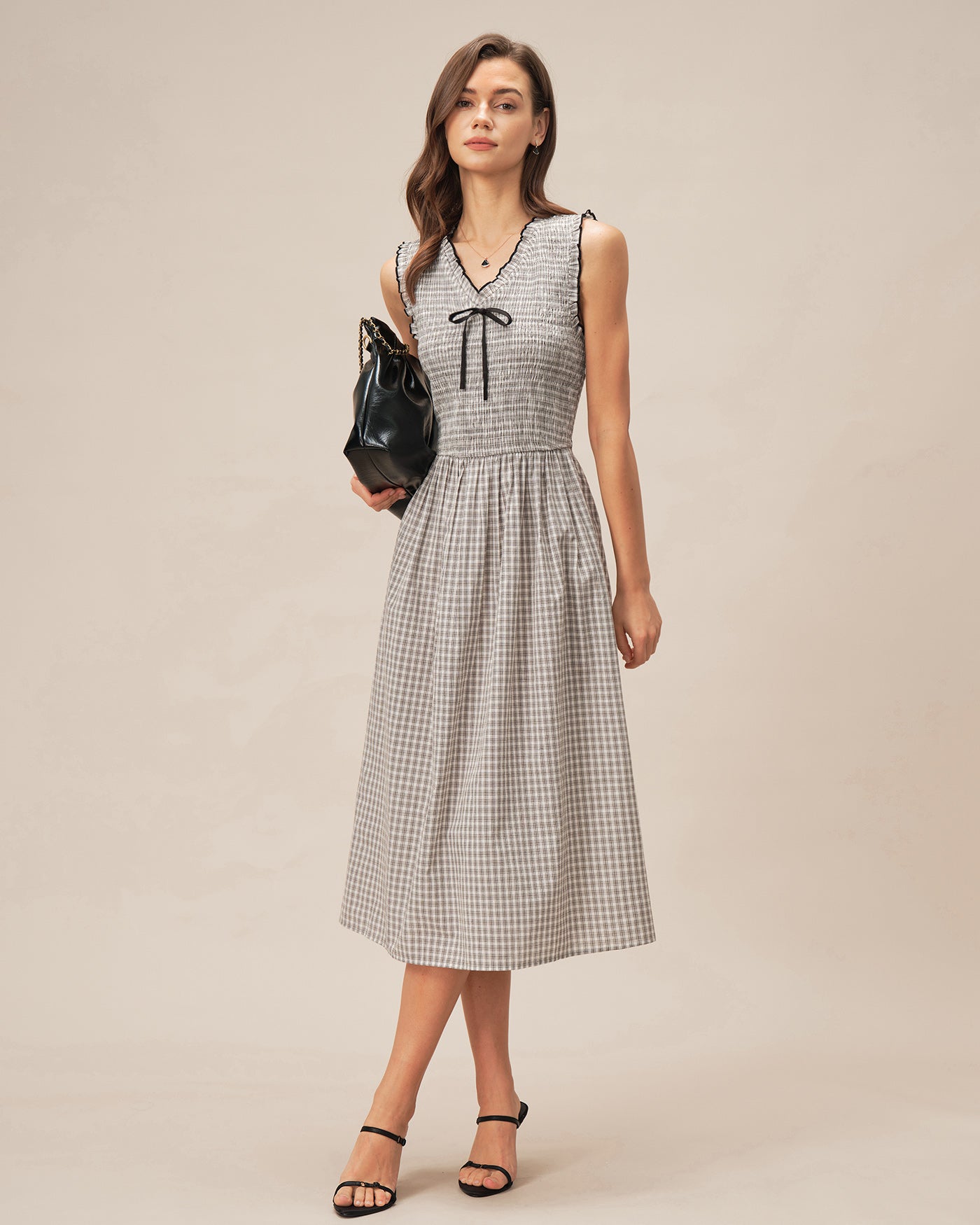 Black V Neck Plaid Midi Dress