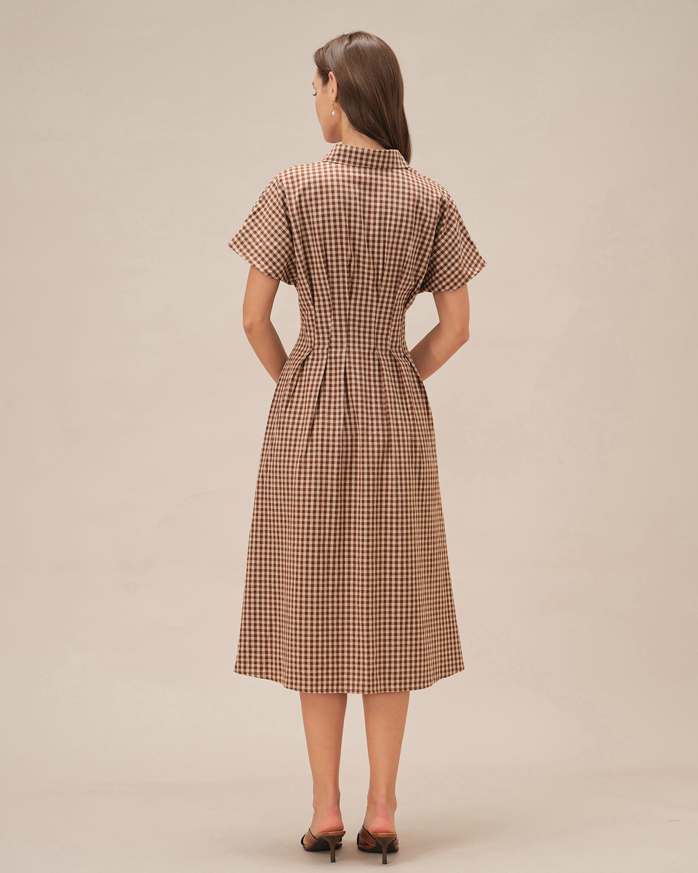 Brown Collar Plaid Midi Dress