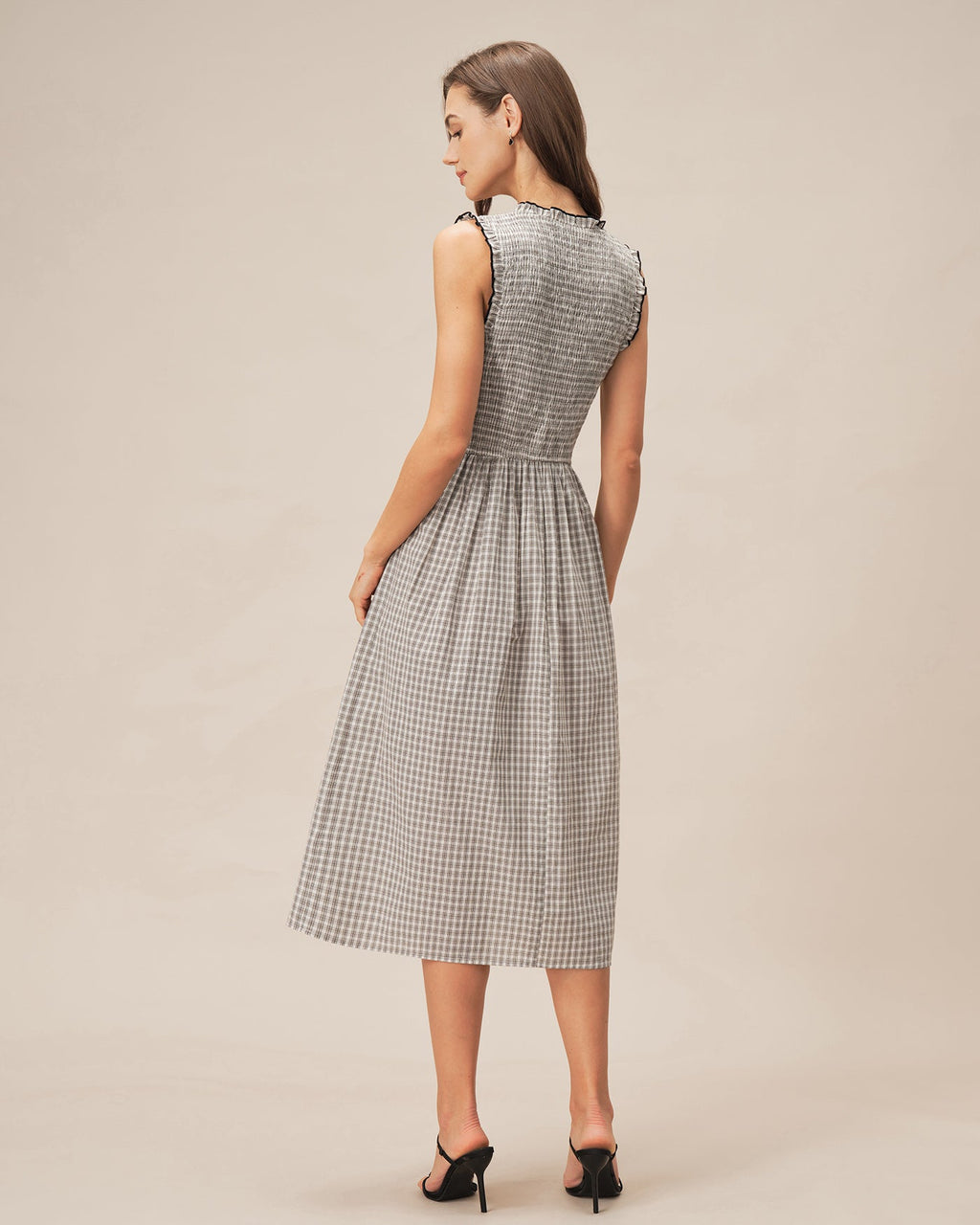 Black V Neck Plaid Midi Dress