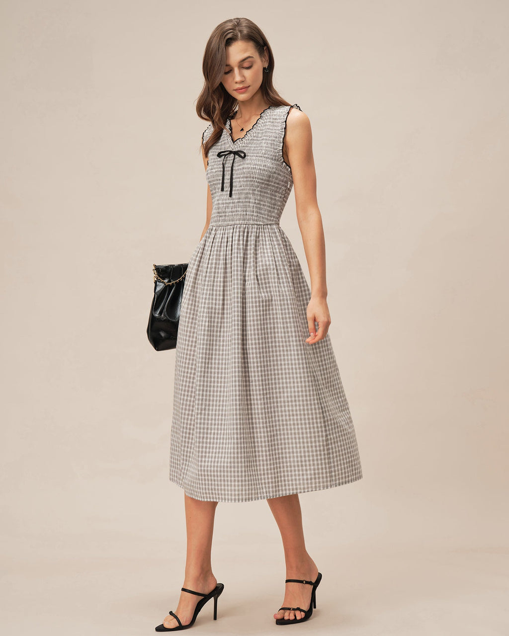 Black V Neck Plaid Midi Dress