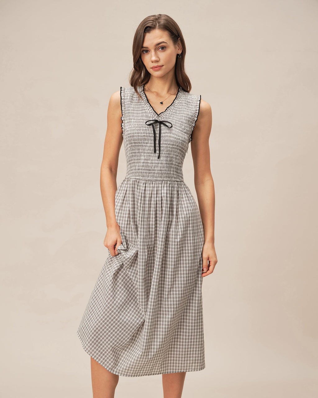 Black V Neck Plaid Midi Dress
