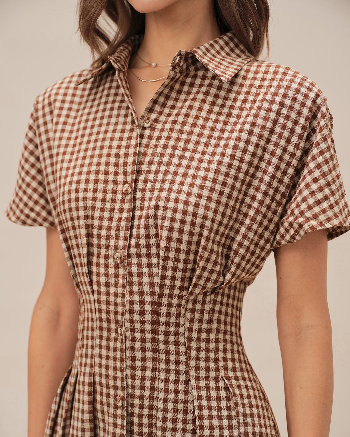 Brown Collar Plaid Midi Dress