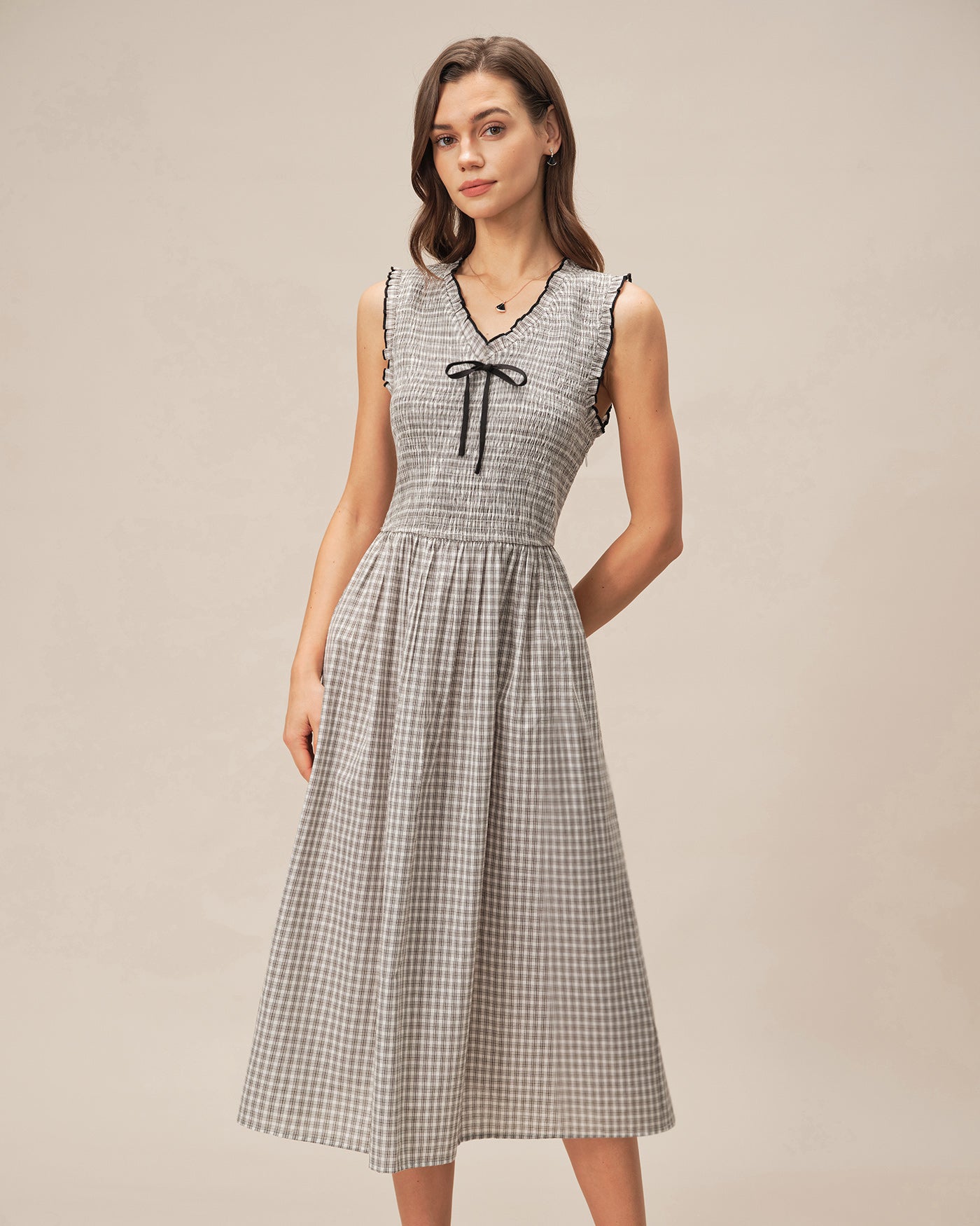 Black V Neck Plaid Midi Dress