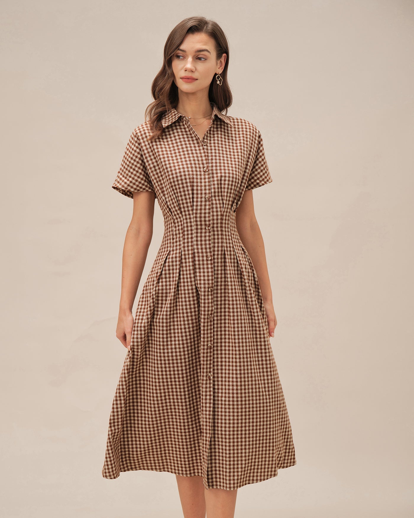 Brown Collar Plaid Midi Dress