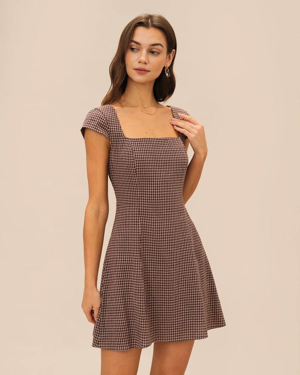 Minivestido Escote Cuadrado Estampado Marrón