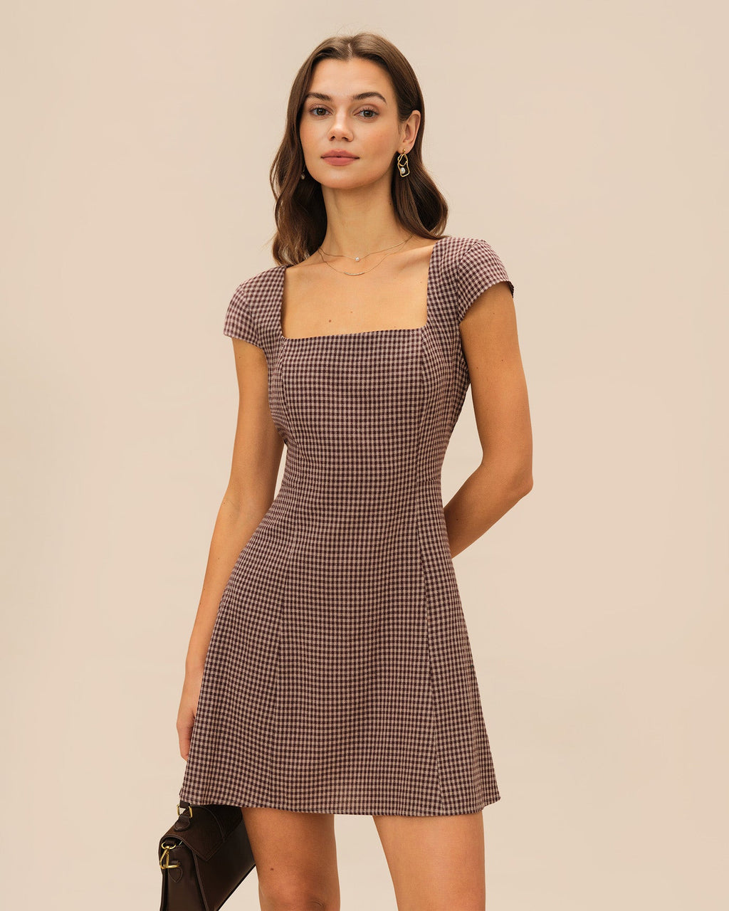 Minivestido Escote Cuadrado Estampado Marrón