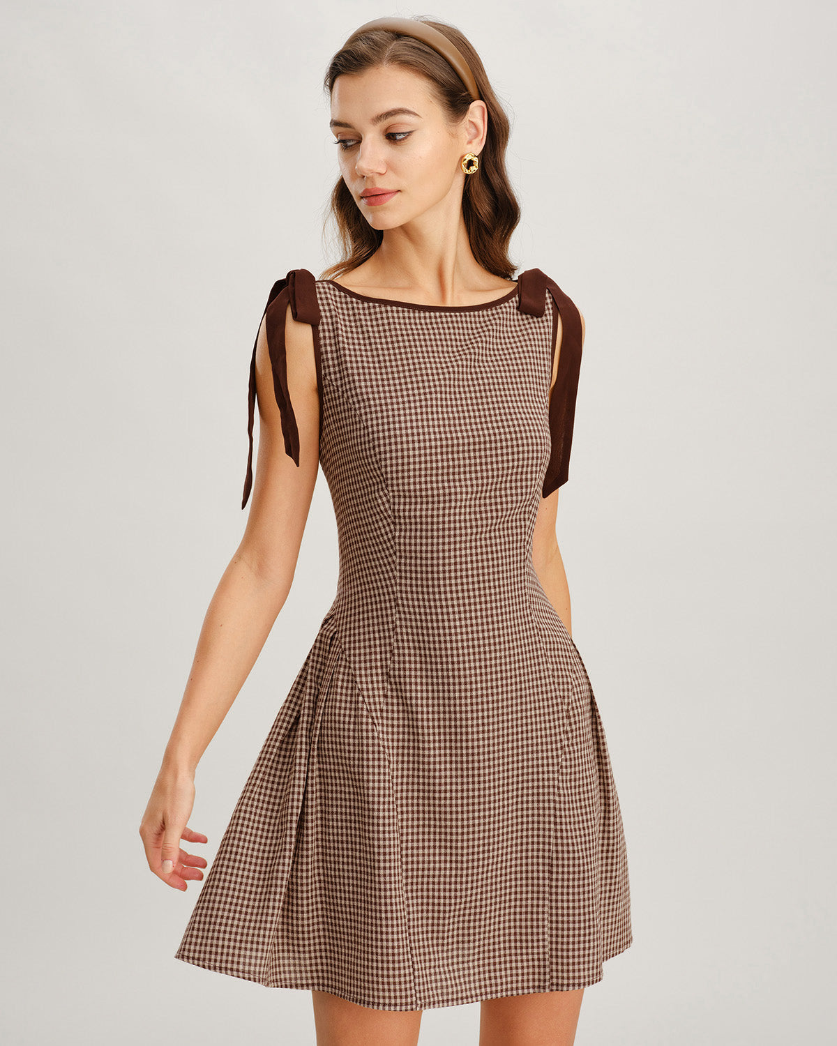 Brown Gingham Tie Strap Mini Dress