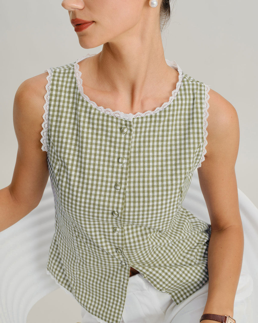 Light Green Boat Neck Plaid Tank Top