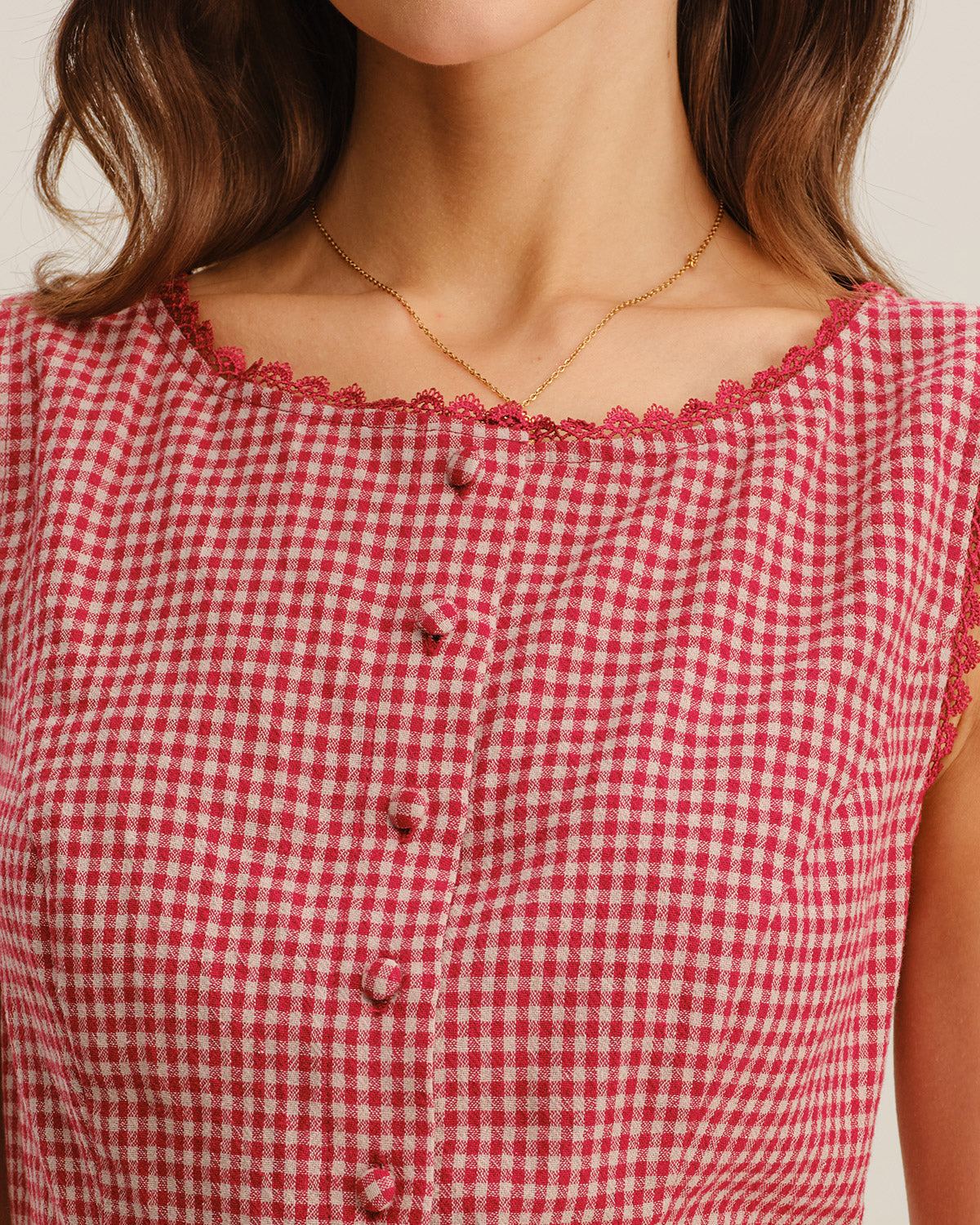 Red Gingham Boat Neck Sleeveless Tank Top