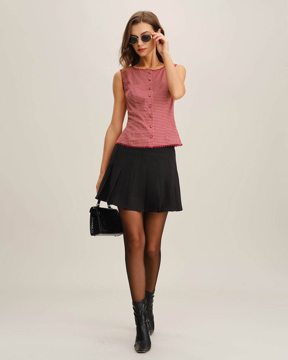 Red Gingham Boat Neck Sleeveless Tank Top