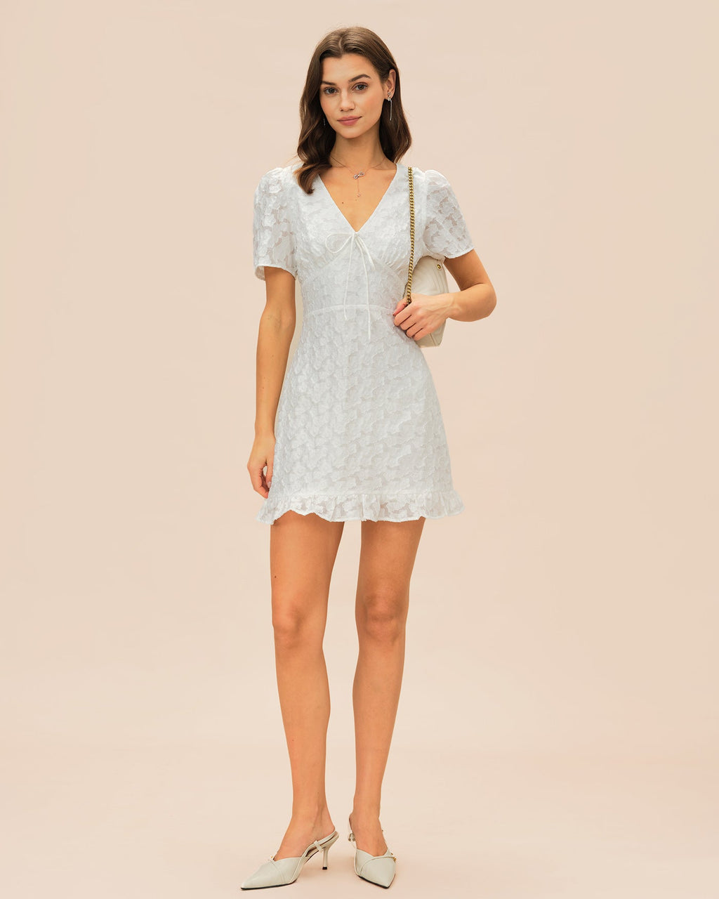 White V Neck Jacquard Mini Dress