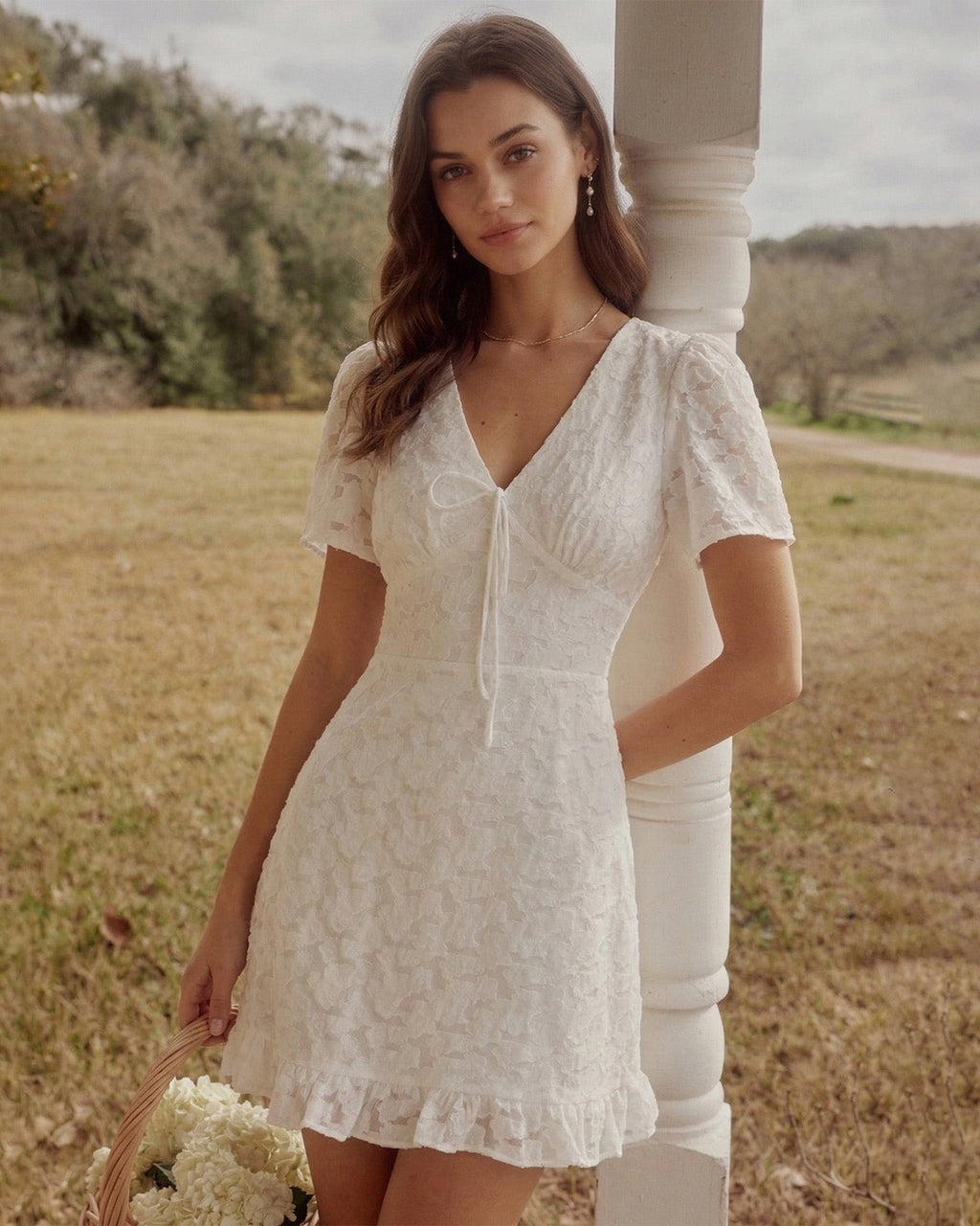 White V Neck Jacquard Mini Dress
