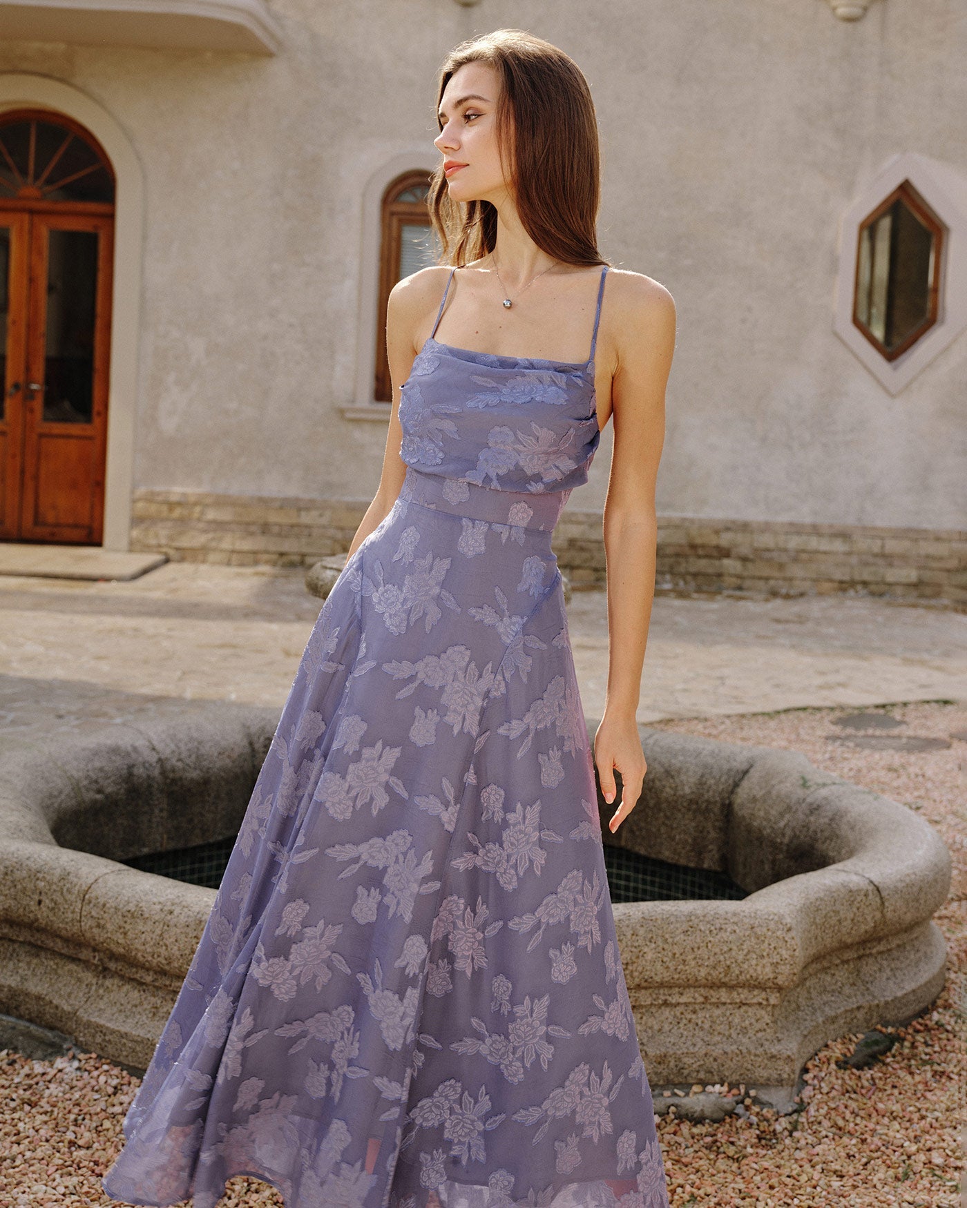 Blue Jacquard Slip Maxi Dress