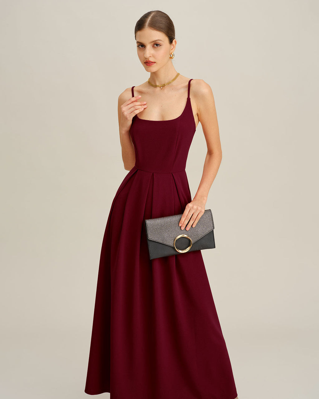 Vestido largo plisado lencero color rojo vino