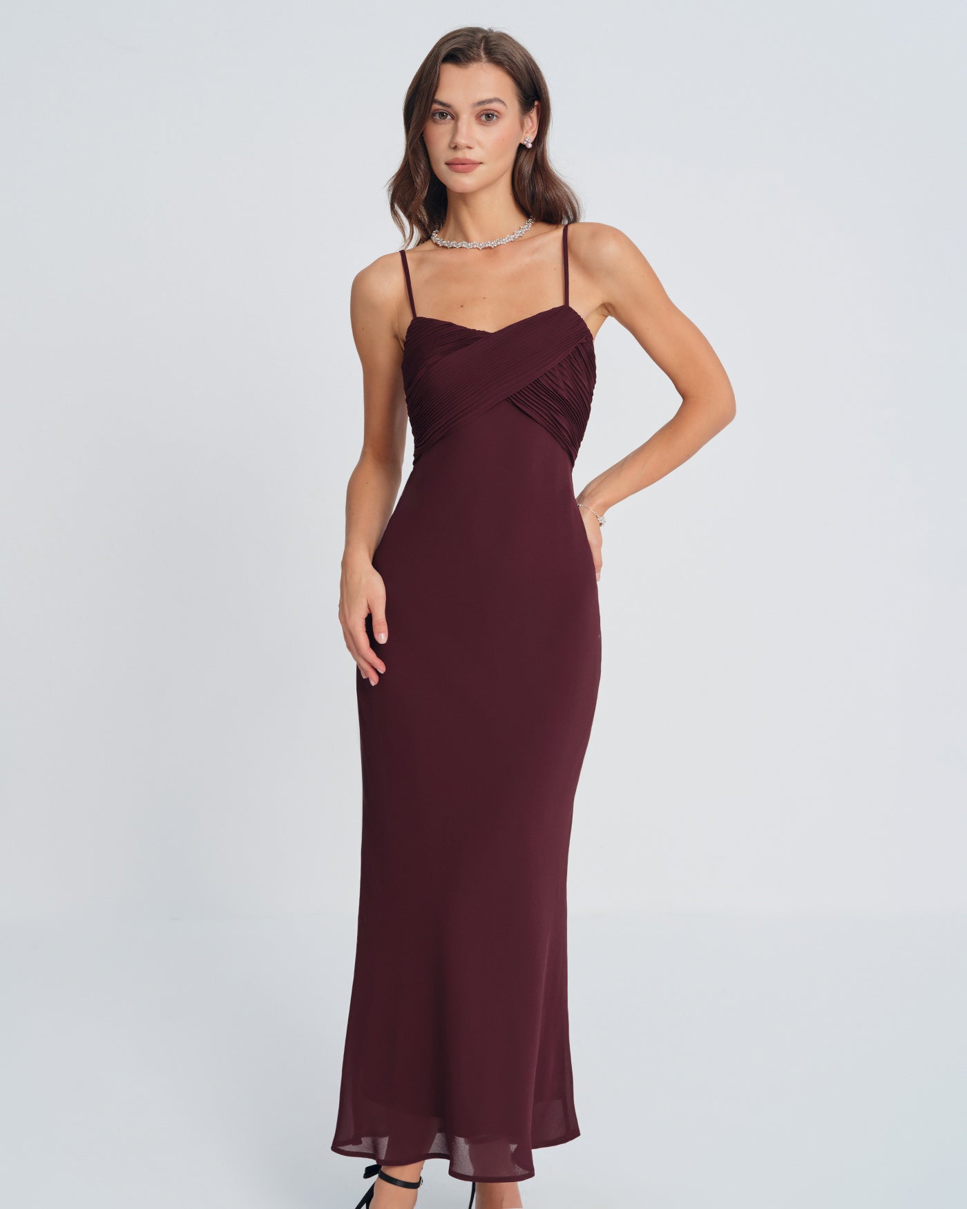 Wine Red Ruched Slip Maxi Dress