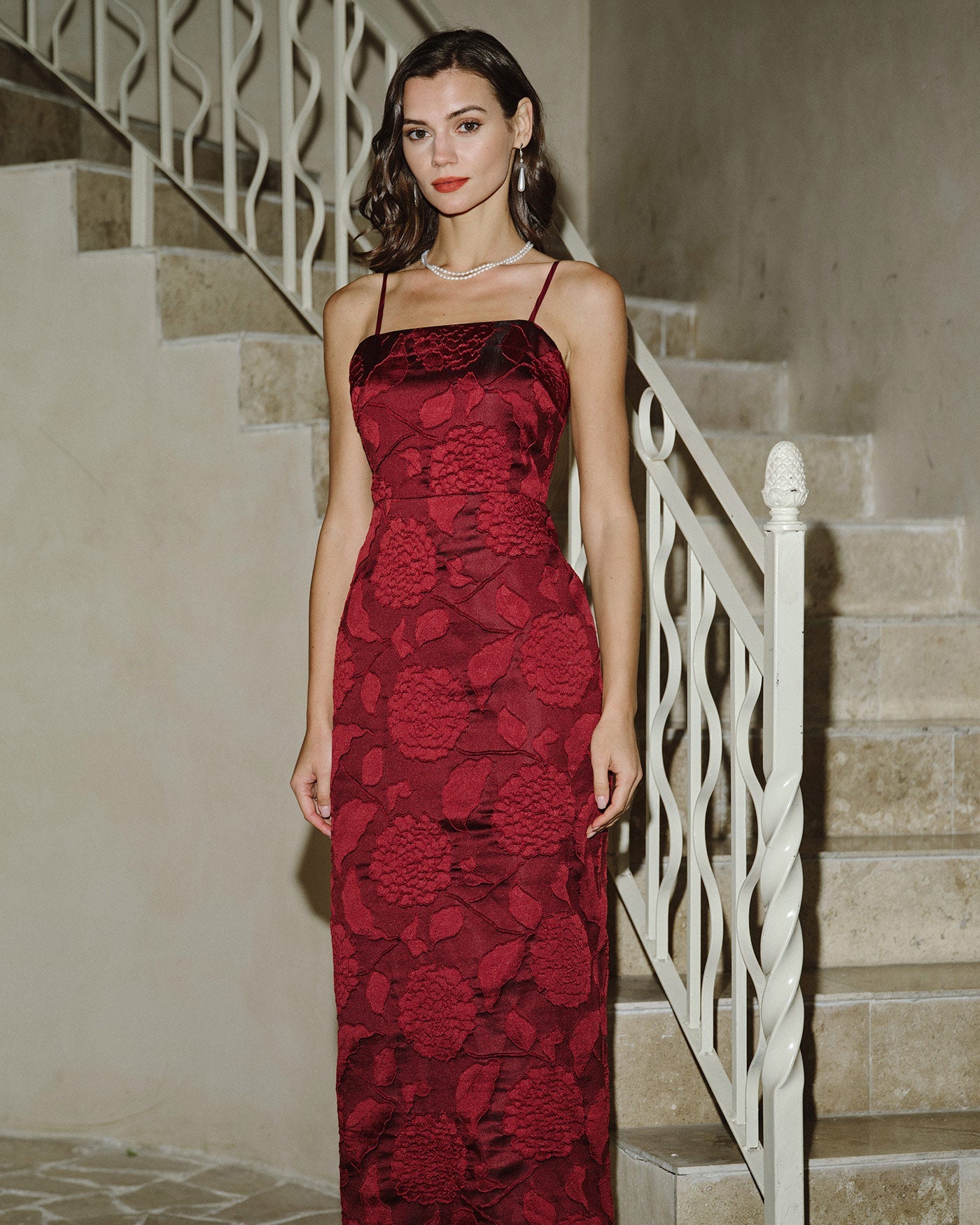Red Jacquard Maxi Dress