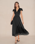 Black V Neck Lace Puffed Sleeve Maxi Dress
