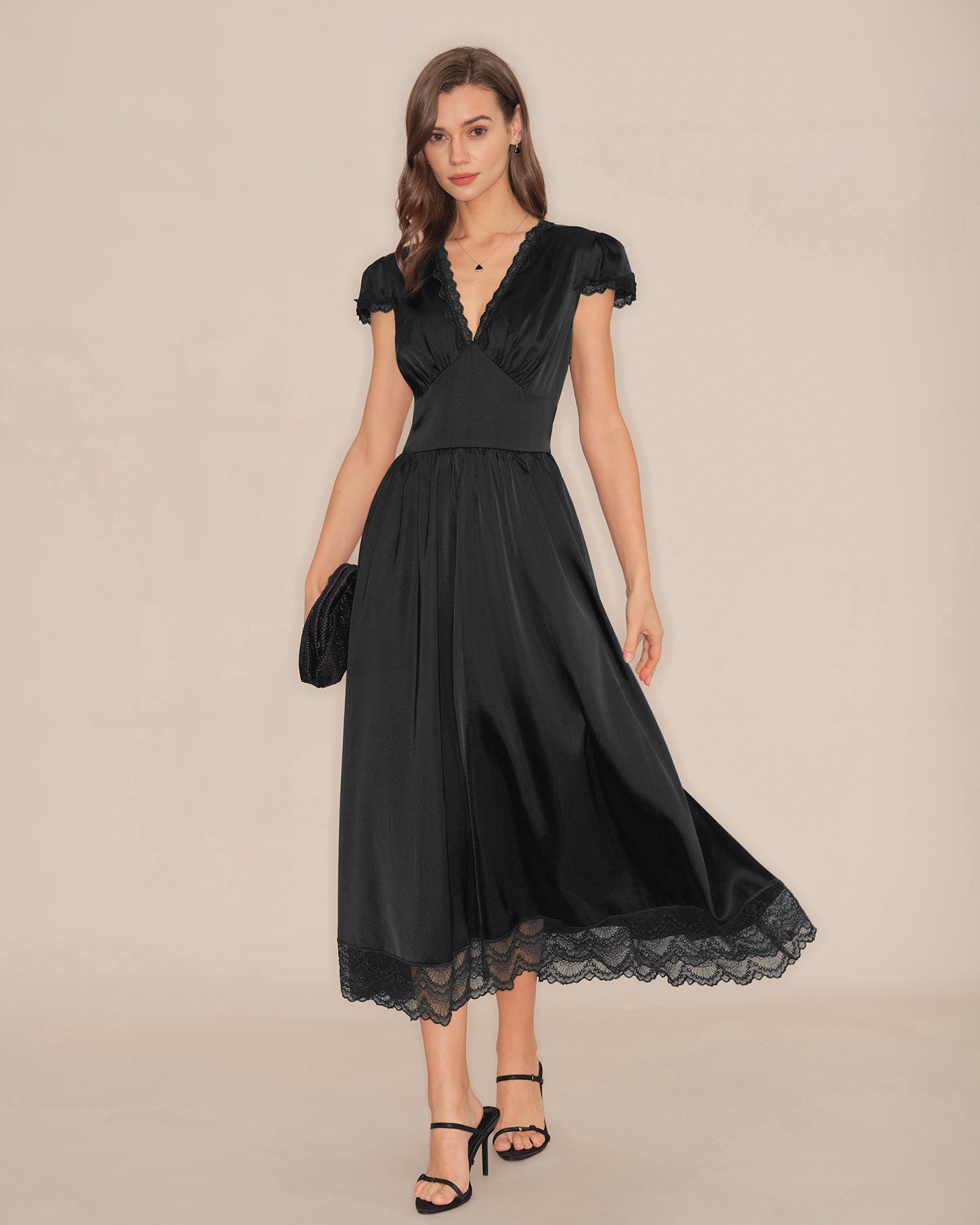 Black V Neck Lace Puffed Sleeve Maxi Dress
